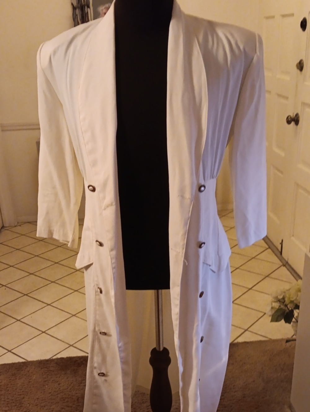 White Longline Women's Trench Coat with Decorative Buttons can be used as dress
